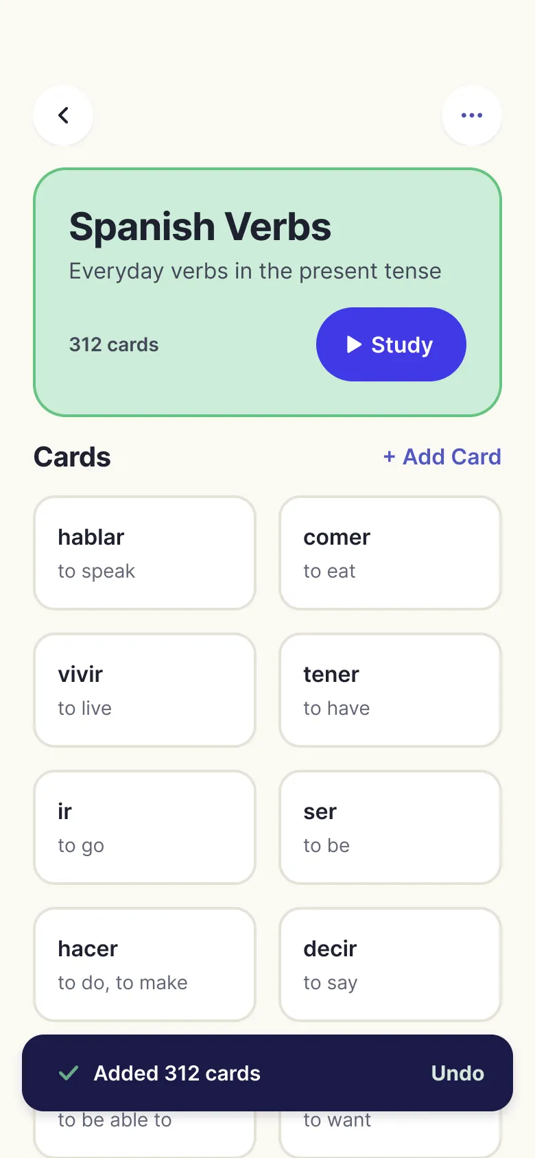 A Spanish Verbs deck just after importing 212 cards.