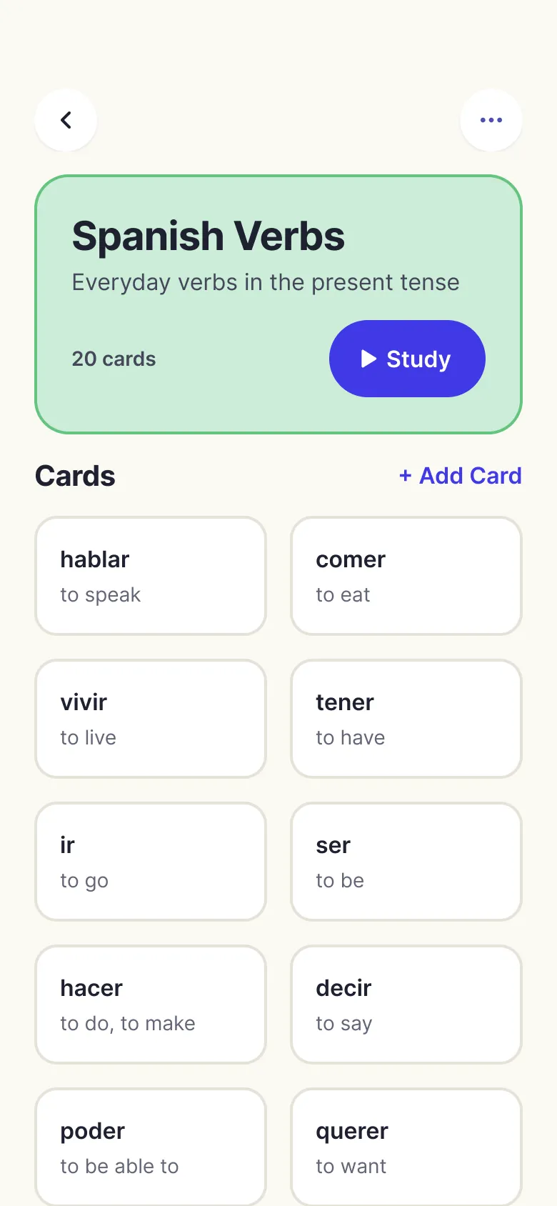 A Spanish Verbs deck with its cards.