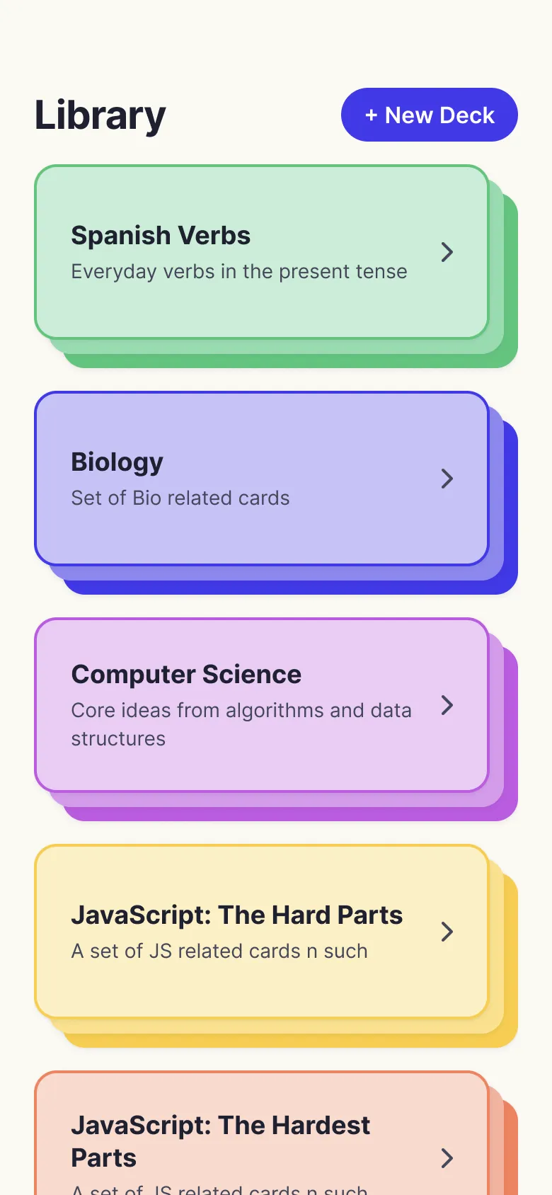 The Flashkards library with five colour-coded decks.